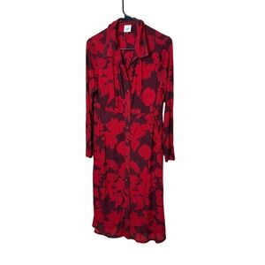 Cabi Red Floral Print Long Sleeve‎ Button Up Collared Midi Dress Small